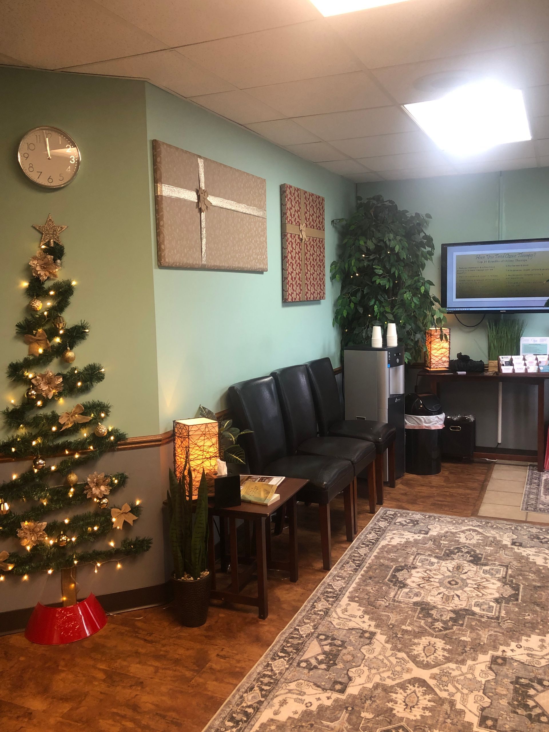 Cozy waiting room with Christmas tree, black chairs, wall art, TV, and patterned rug.