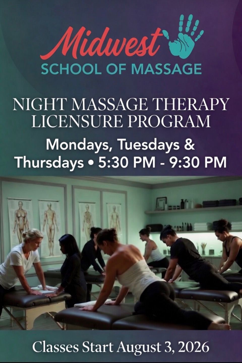 Midwest School of Massage ad for Night Massage Therapy Licensure Program, classes start August 3, 2026.