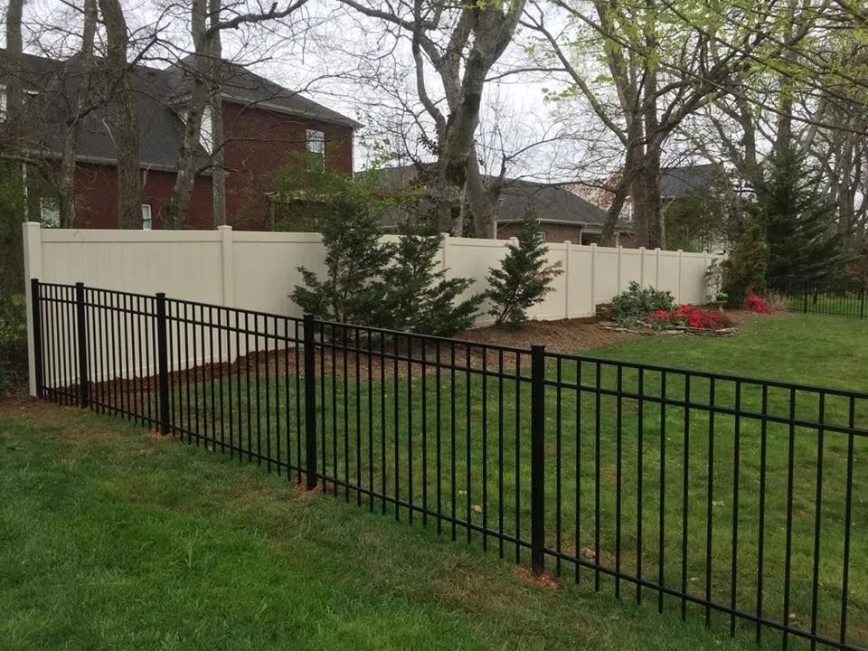 Black metal fence in foreground, beige vinyl fence in background along a grassy yard near houses.