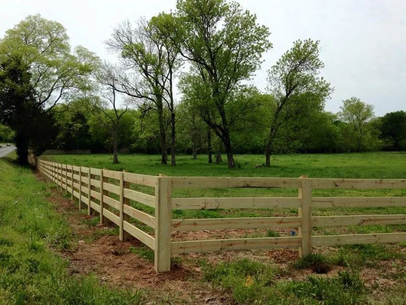 Wooden fence along grassy field with trees in the background.