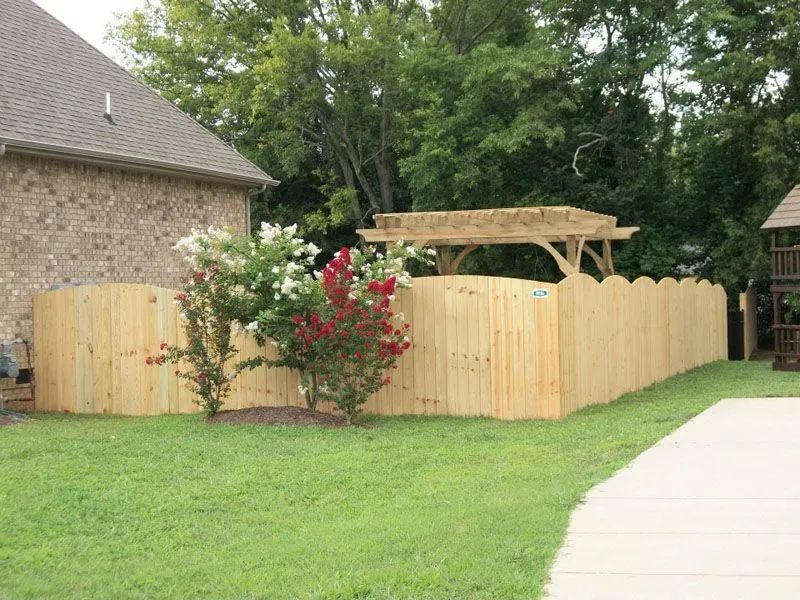 Wooden fence with a scalloped top bordering a grassy yard, with shrubs and a pergola.