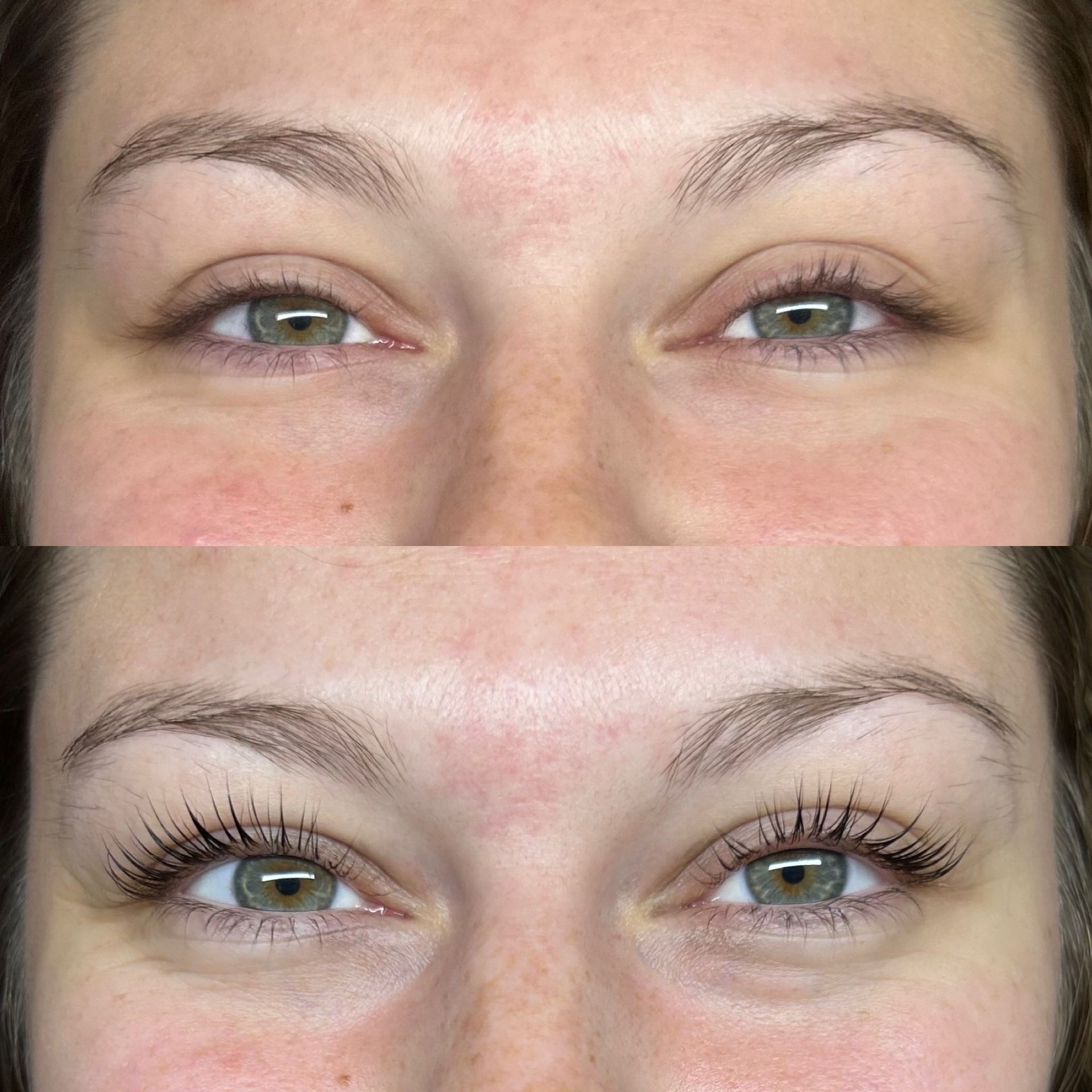 Close-up of eyes before and after mascara, showing natural and enhanced lashes on the same face