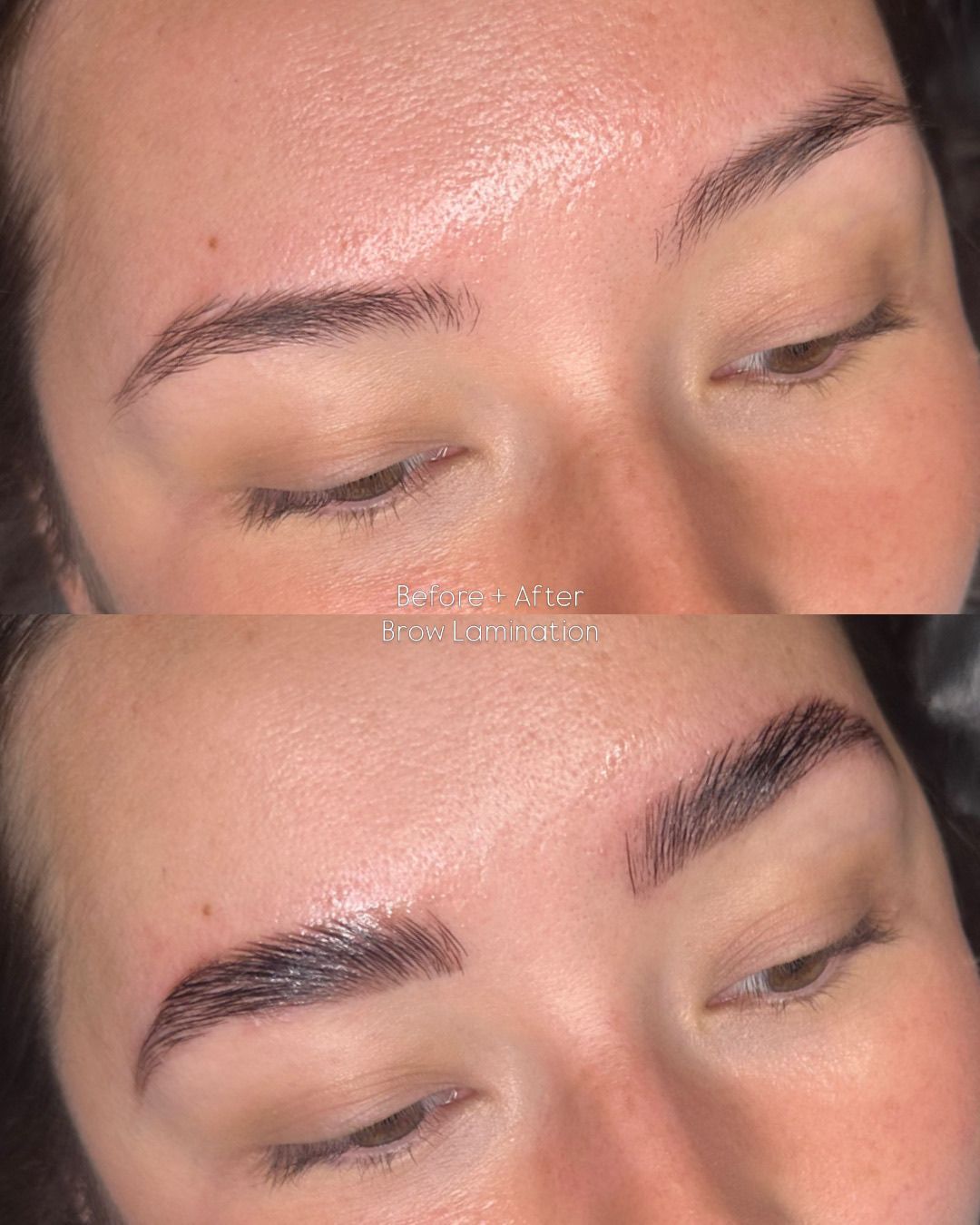 Side-by-side close-up of an eye area before and after makeup, showing fuller, darker brows