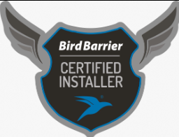 A bird barrier certified installer logo with a bird on it