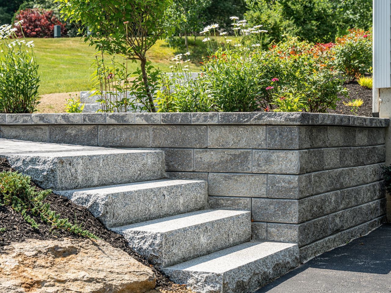 Stone garden steps beside a raised retaining wall with flowers and green lawn behind them