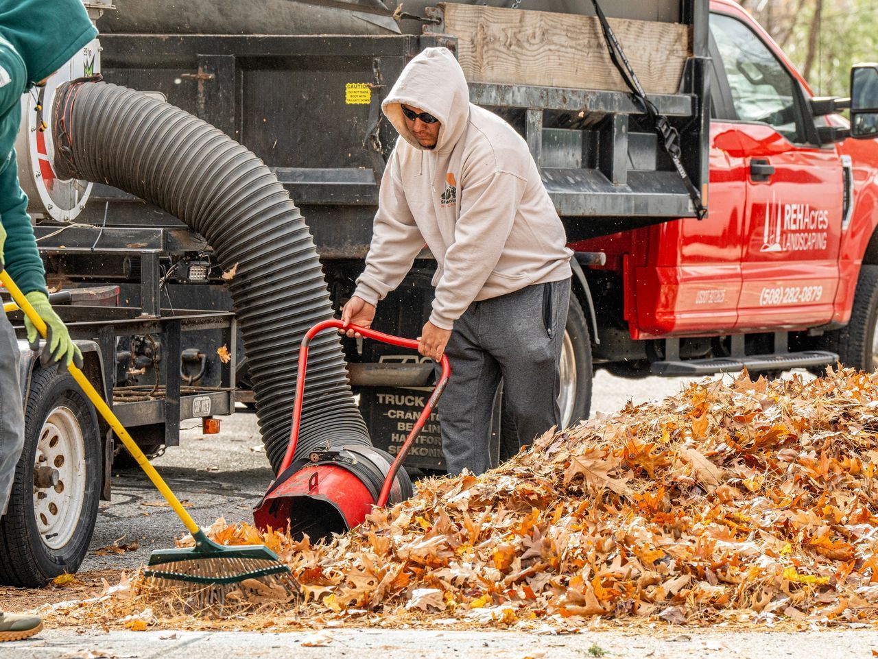 Worker using a leaf vacuum to collect fall leaves near a red truck and trailer in a yard