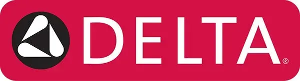 Delta logo with a white triangle inside a black circle, all on a red rectangle.