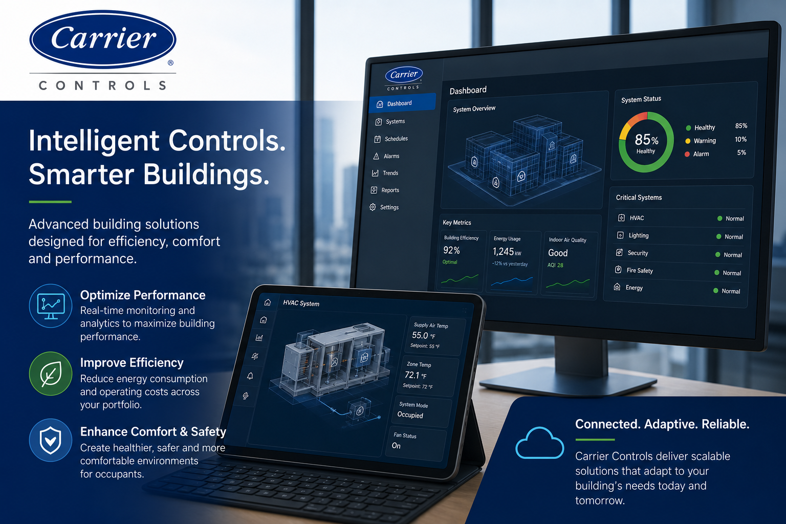 Carrier Controls ad for smart building automation on laptop and monitor screens with dashboard interface