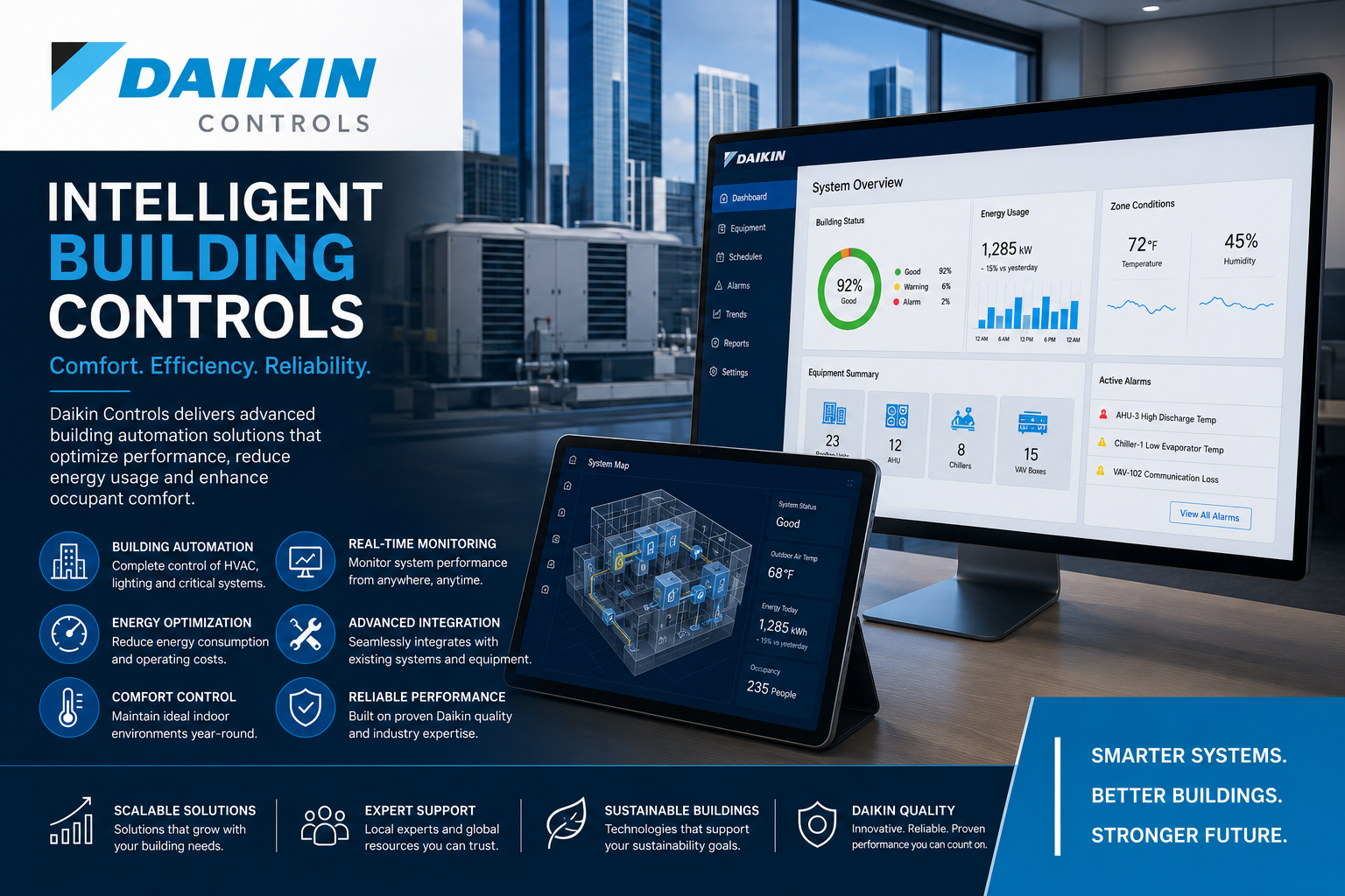 Daikin Controls ad showing an intelligent building dashboard on a laptop and a wall display in a modern office lounge