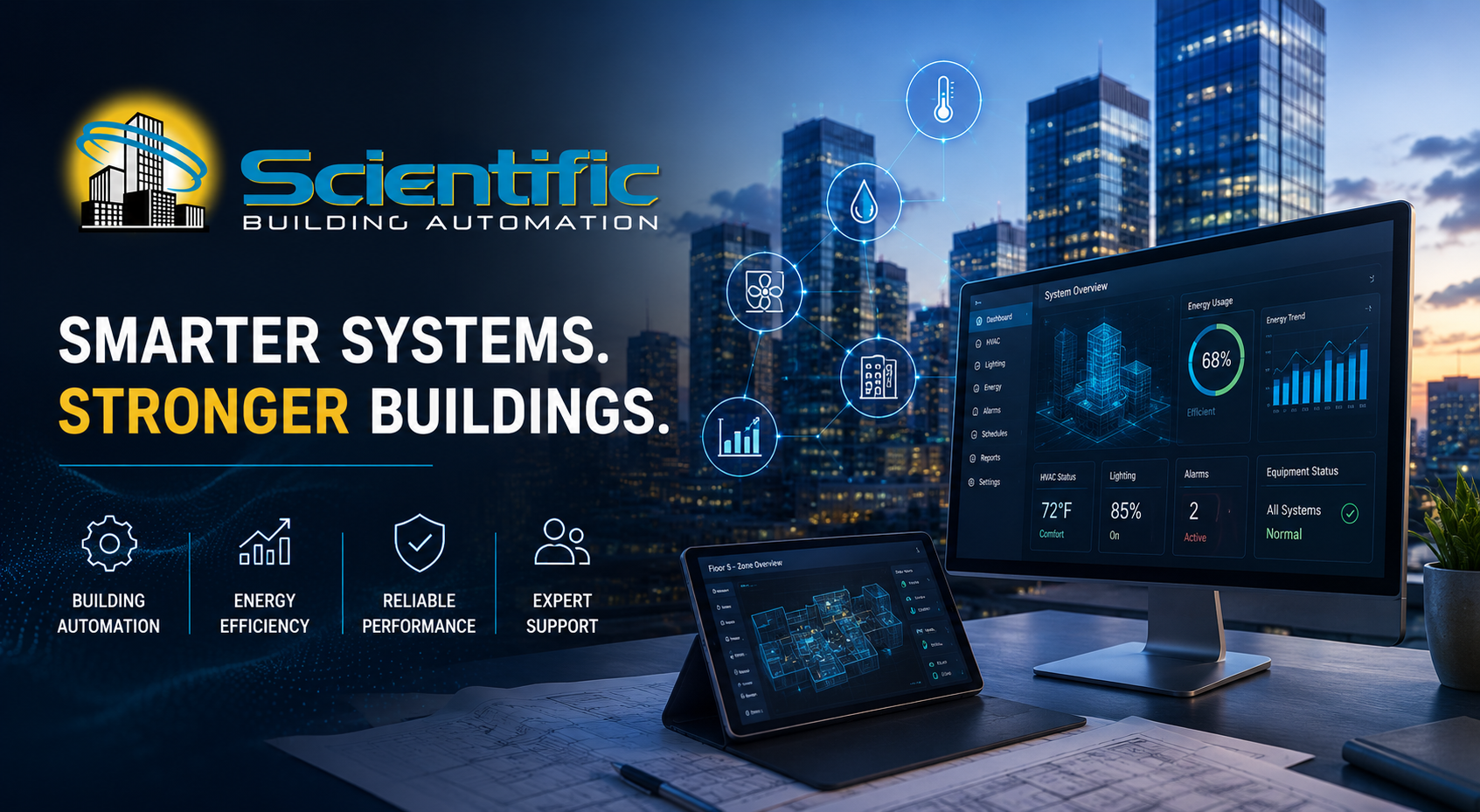 Scientfic branding ad with laptop and monitor showing building automation dashboards at night