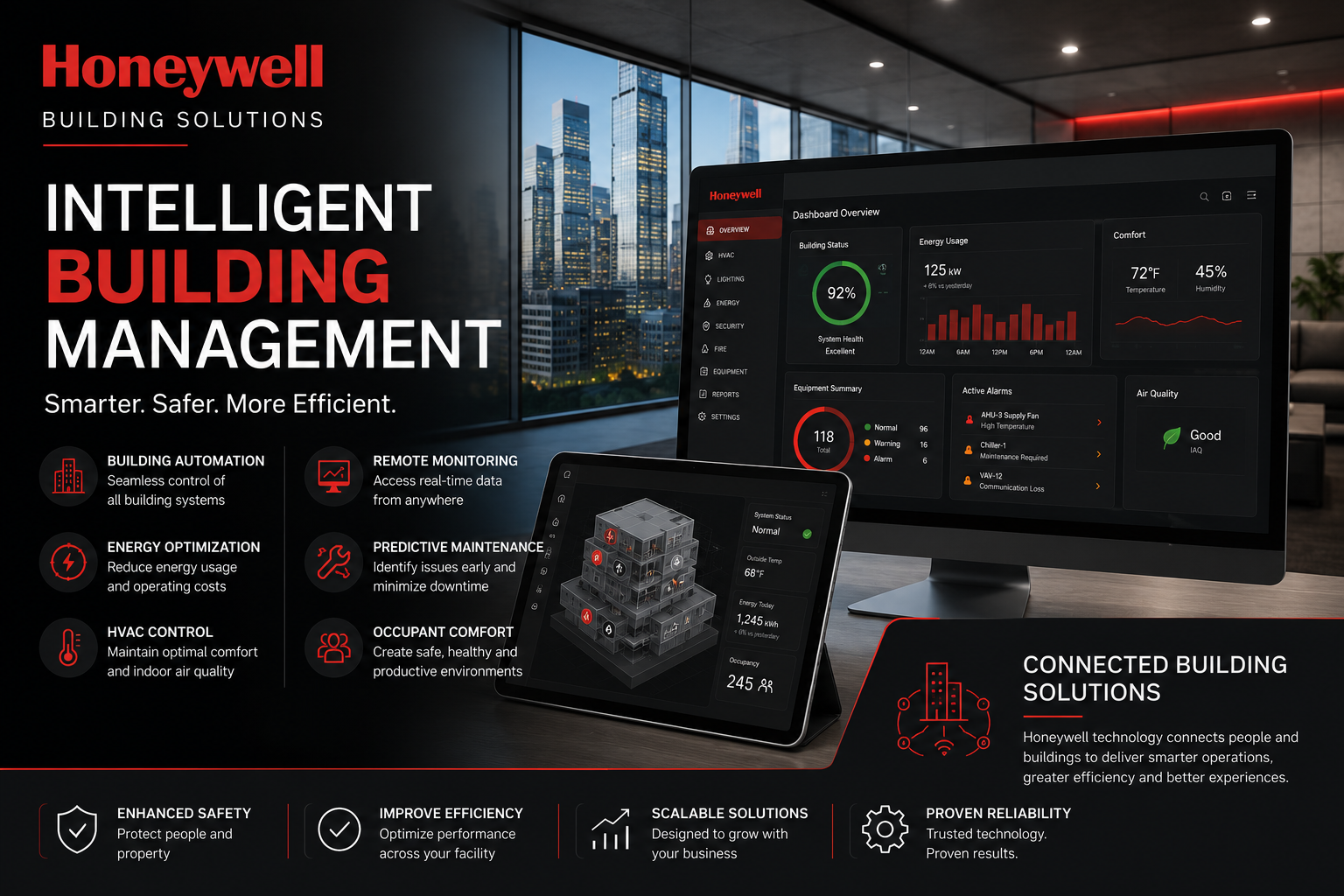 Honeywell building management software promo with dark dashboard screens in a modern office background