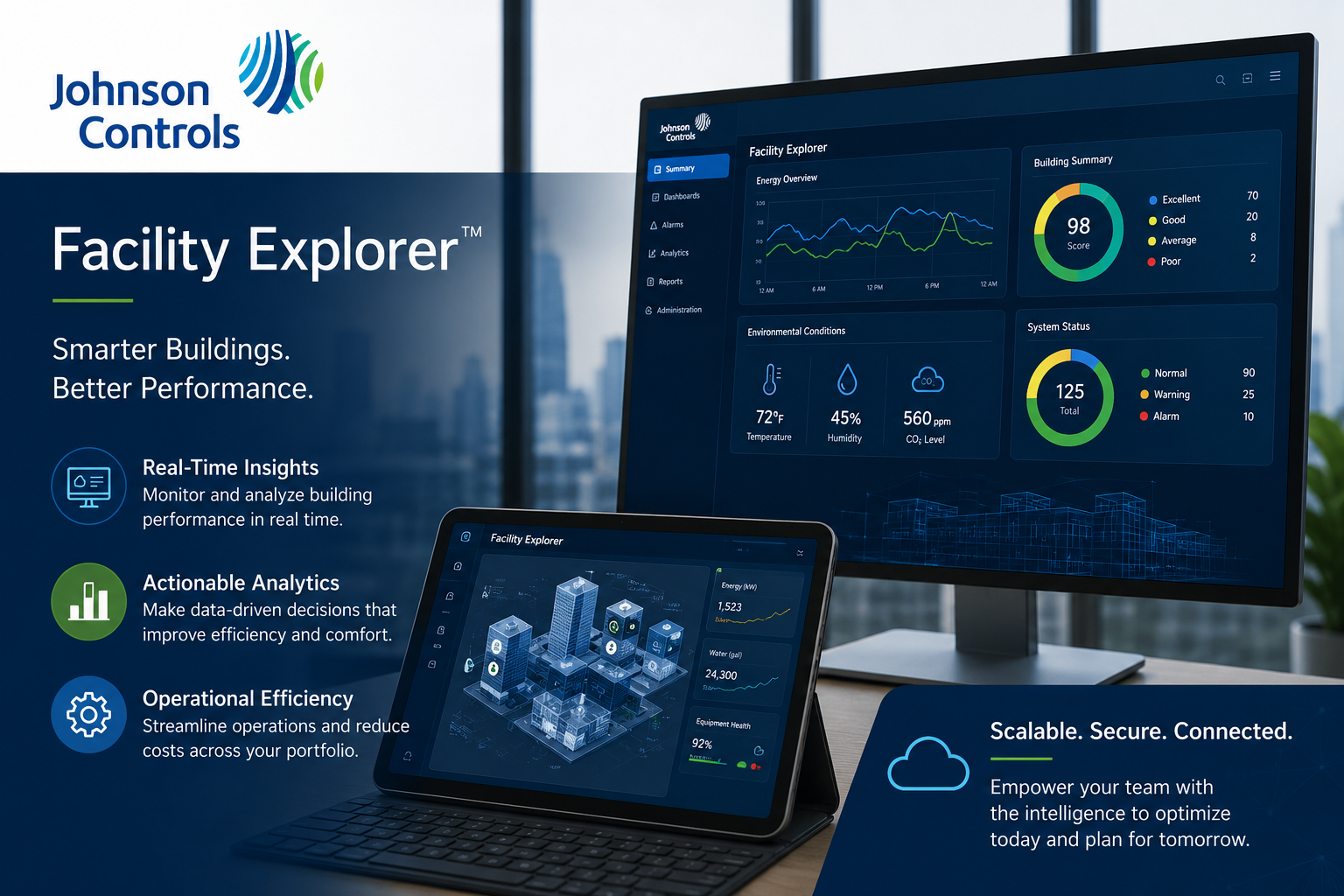 Johnson Controls Facility Explorer promo with blue dashboards on a desktop monitor, laptop, and cloud graphic