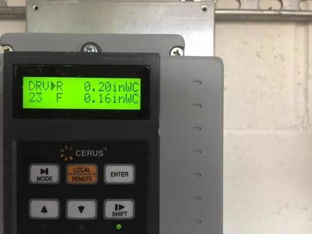 A Cerus control panel displaying readings of 0.20 inWC and 0.16 inWC, with a temperature of 23°F.