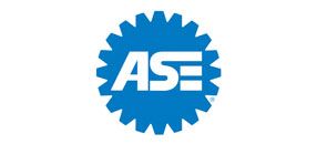 Blue gear-shaped logo with the white letters 