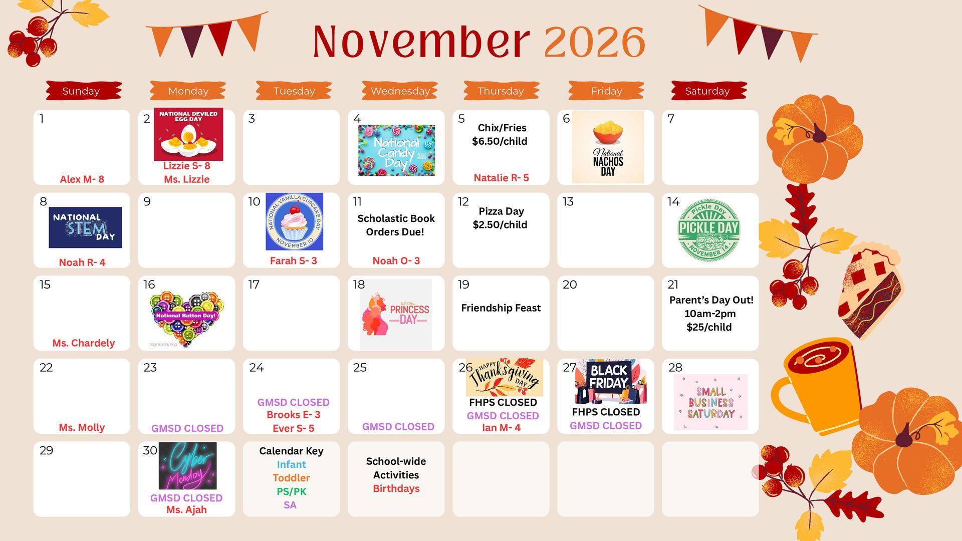 November 2026 calendar with autumn decorations and orange leaves around the edges.
