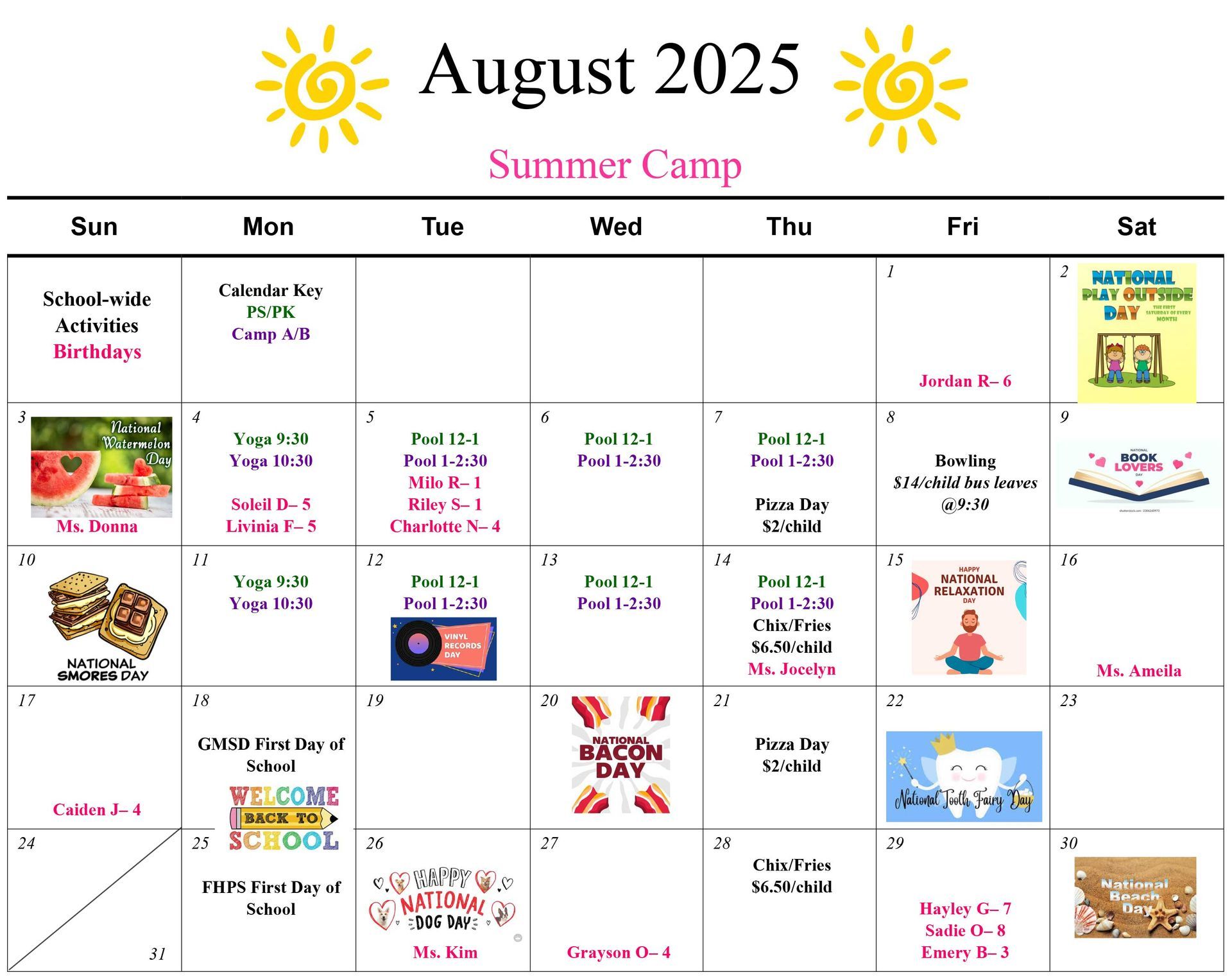 summer camp calendar