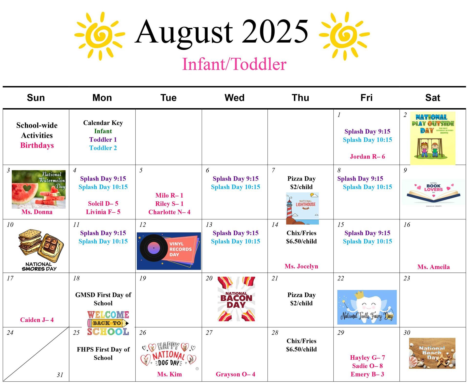 infant and toddler calendar
