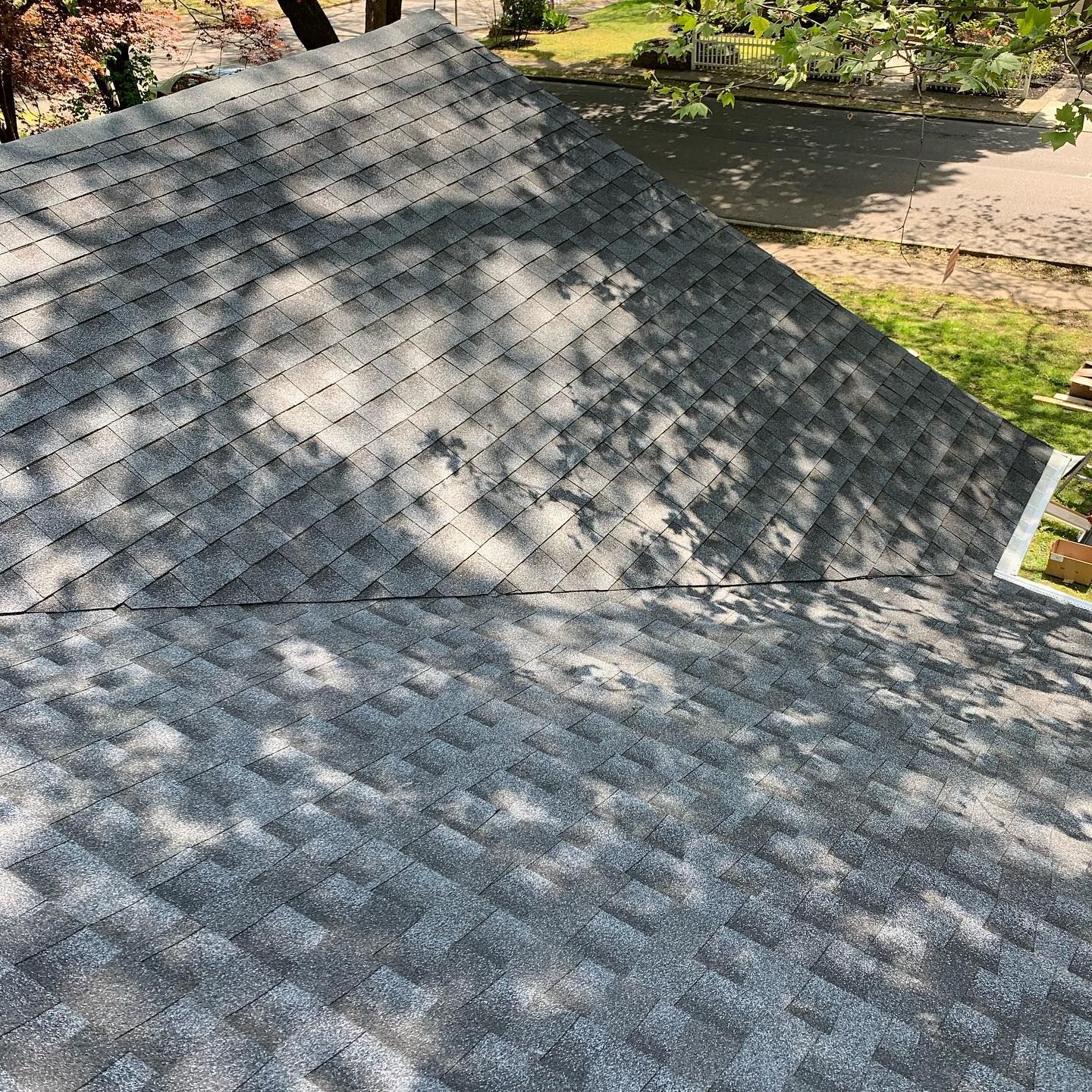A close up of a roof with a tree in the background.