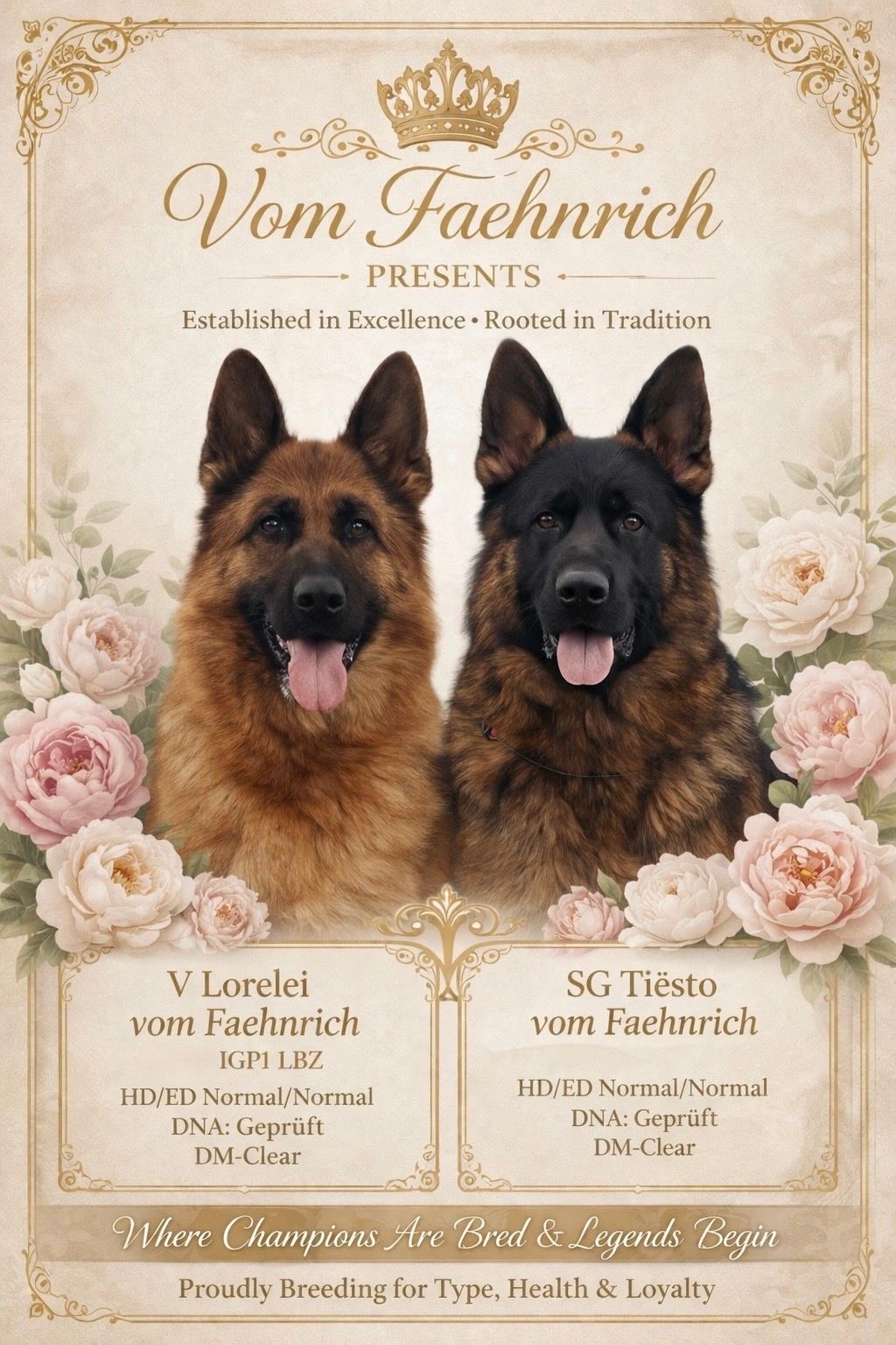 A vintage-style poster features two German Shepherds framed by pink roses, advertising Vom Faehnrich breeding services.