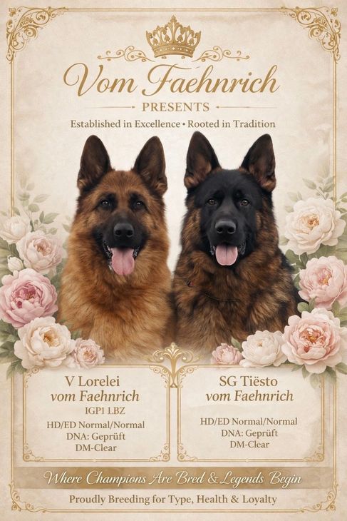 A vintage-style poster features two German Shepherds framed by pink roses, advertising Vom Faehnrich breeding services.