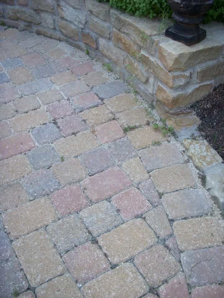 A brick walkway with a stone wall in the background.