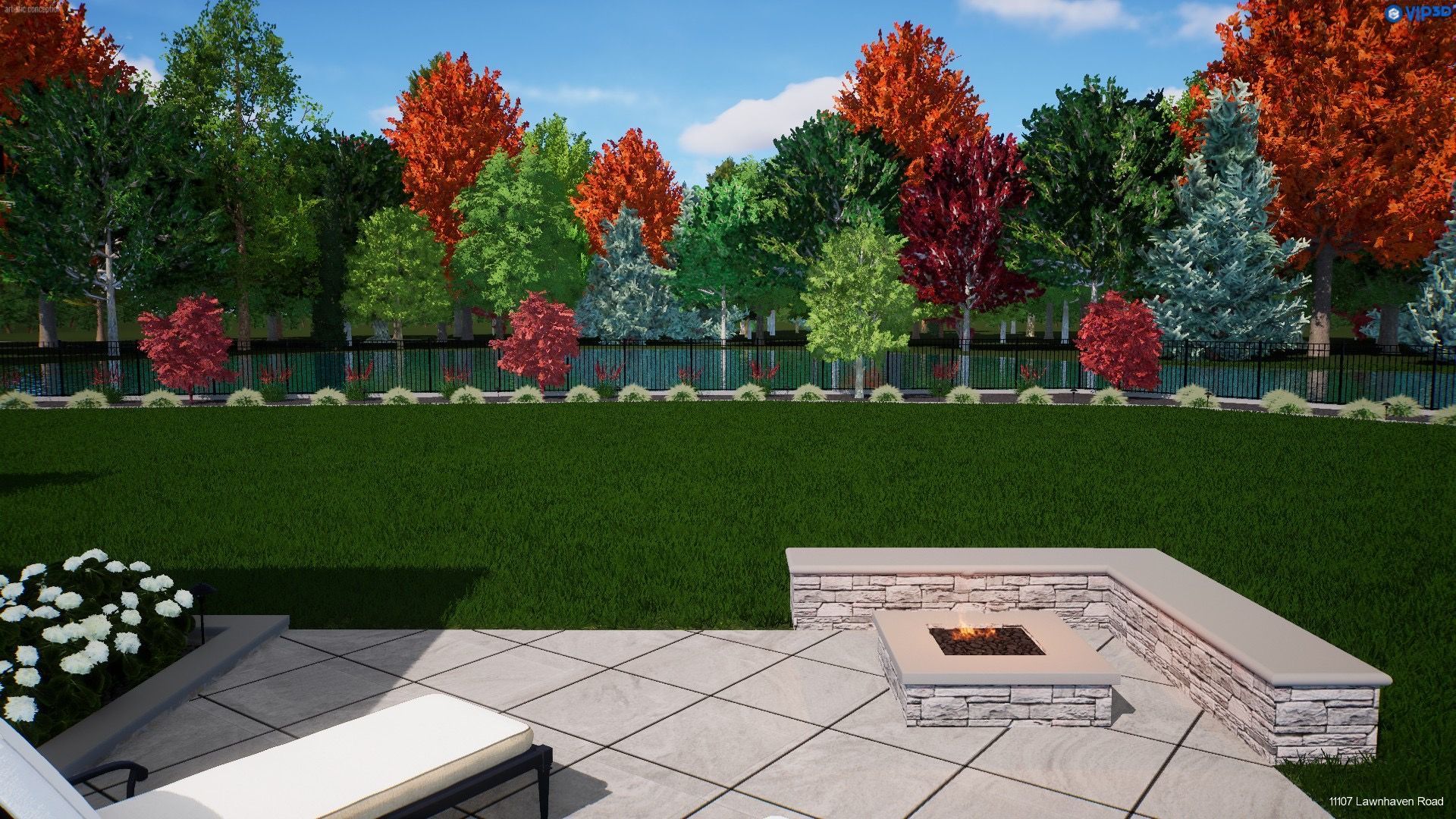 An artist 's impression of a backyard with a fire pit