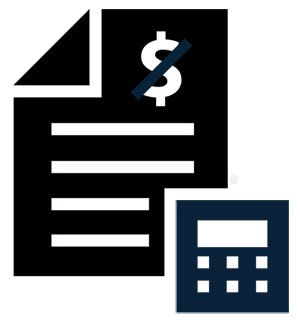 Black invoice with dollar sign crossed out next to a blue calculator icon