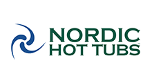Logo for Nordic Hot Tubs featuring a dark blue swirling icon next to the dark green text 