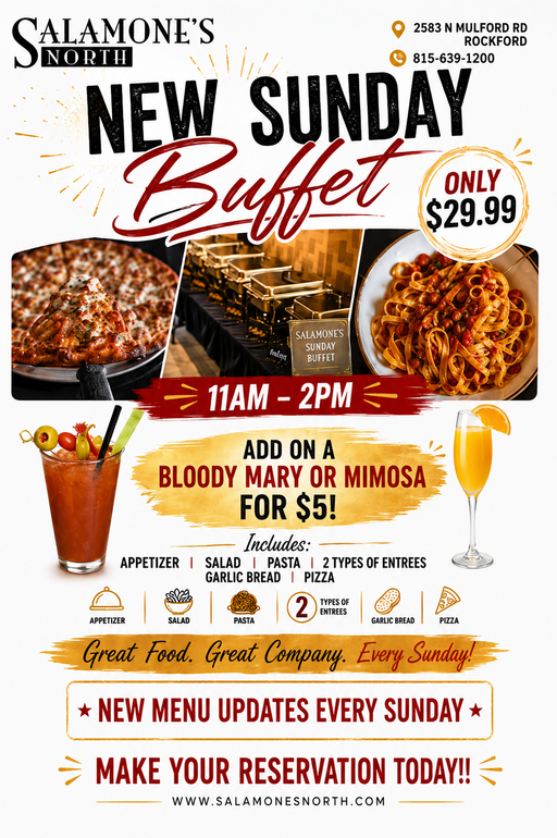 Salamone’s Sunday buffet ad with pasta, chicken parm, fried chicken, and Bloody Mary specials, 11 AM–2 PM