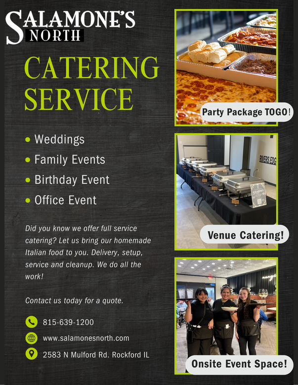 Flyer for Salamone’s North catering services, listing event types and contact info with photos of food and service staff.