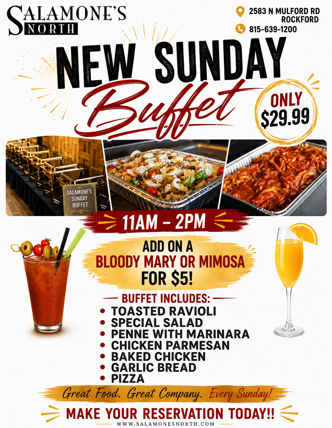 Salamone’s Sunday buffet ad with pasta, chicken parm, fried chicken, and Bloody Mary specials, 11 AM–2 PM