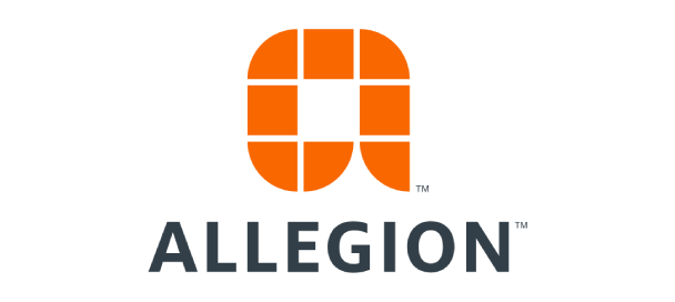 Allegion logo with orange geometric emblem above gray wordmark on a white background
