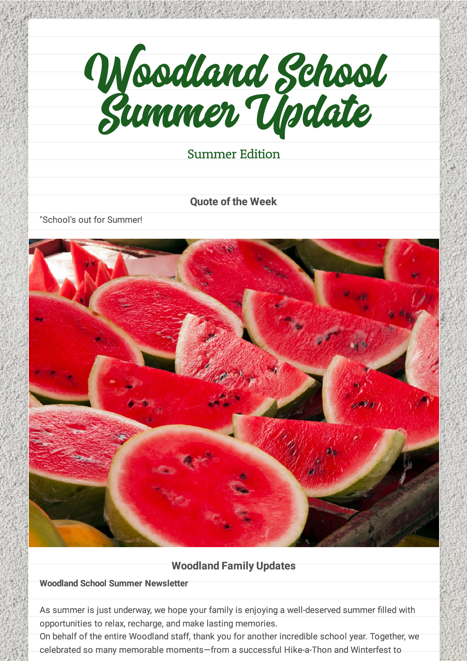 Woodland School Summer Update newsletter with watermelon photo cover