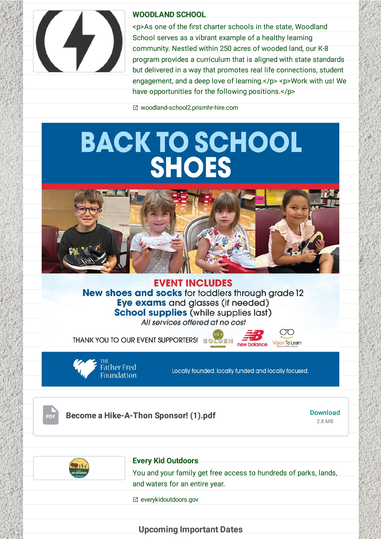 Back to School Shoes flyer with blue header and three children wearing backpacks and sneakers