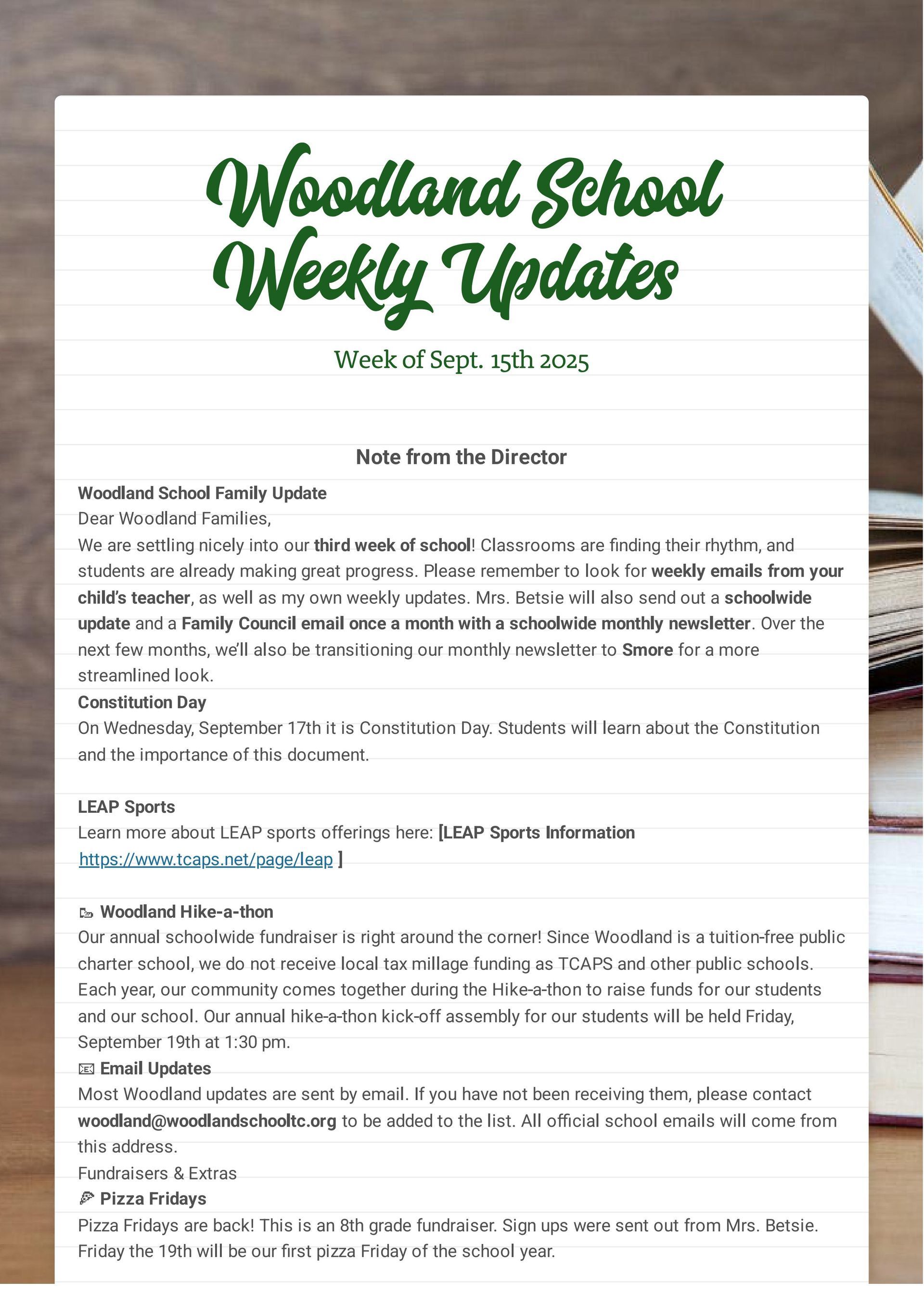Woodland School Weekly Updates newsletter Sept 15 - page 01