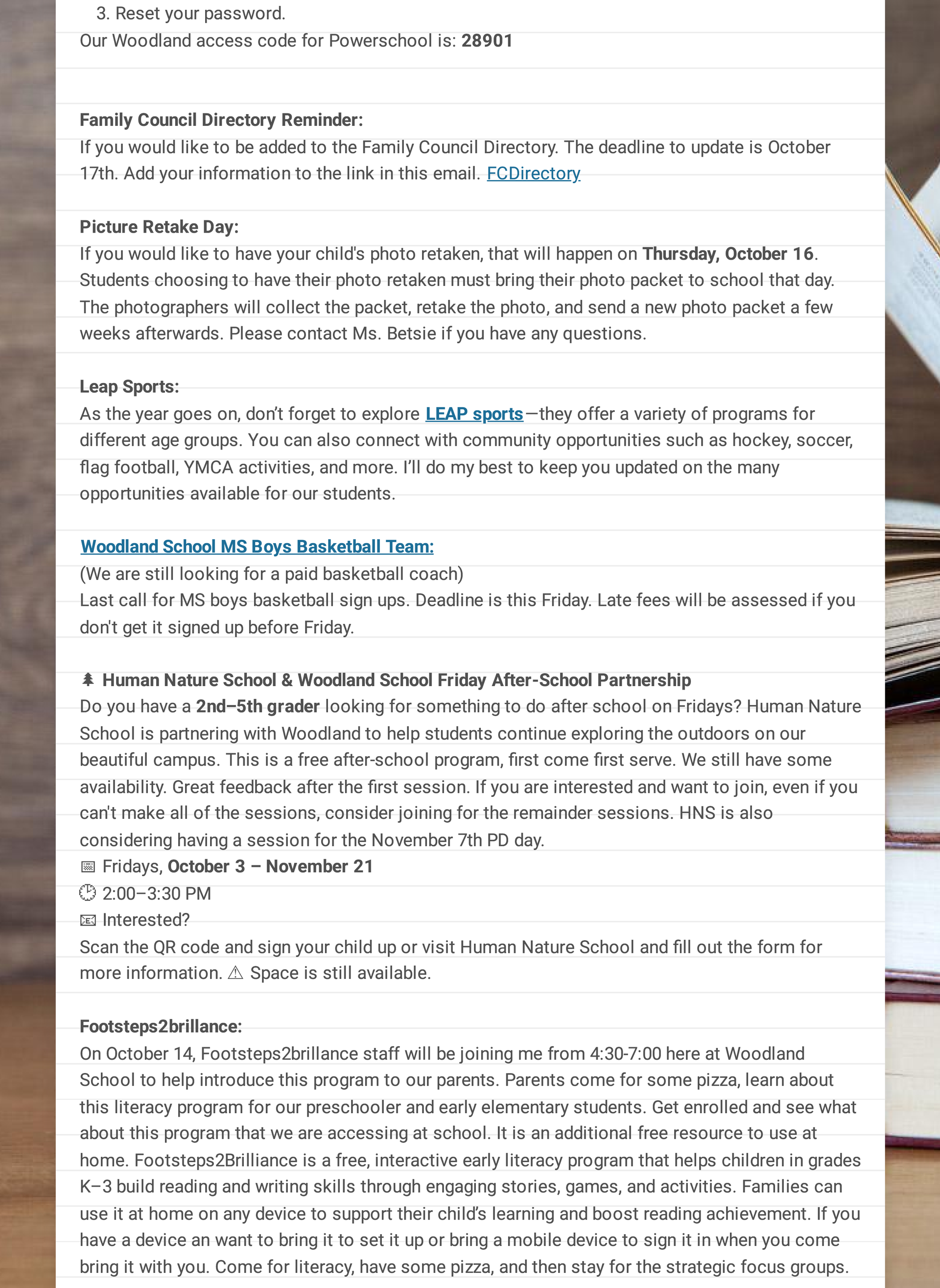 Woodland School Weekly Updates newsletter October 6 - October 10, 2025 - page 02