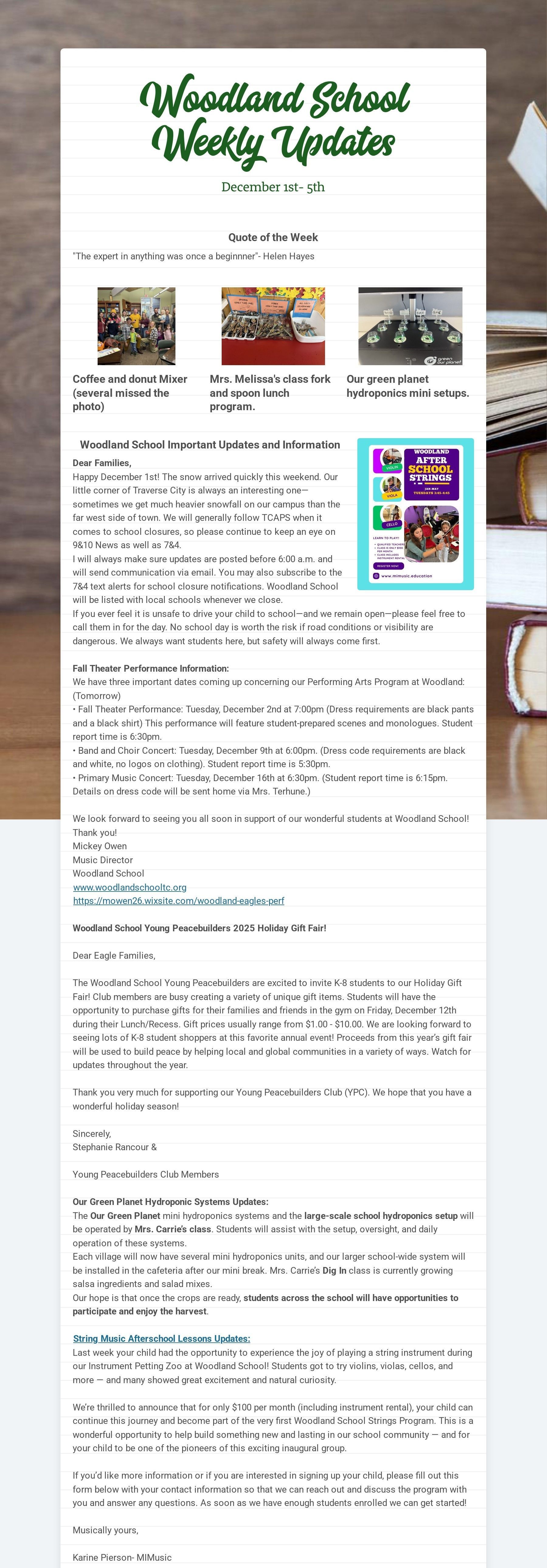 Woodland School Weekly Updates Newsletter December 1 - December 5, 2025 - page 01