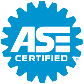 A blue and white logo that says ASE certified