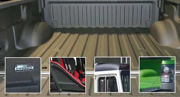 Truck bed with a bedliner and close-up views of accessories like a seat and bottle of cleaner.
