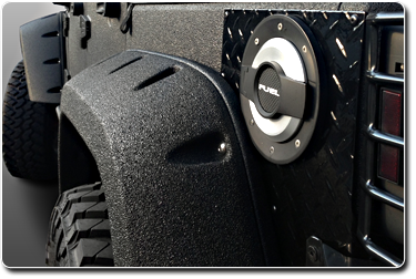 Close-up of a black Jeep's rear fender, with textured coating, fuel cap, and diamond plate panel.