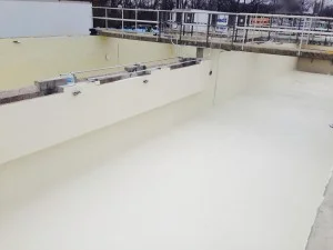 Empty, light-colored swimming pool with a concrete border and metal railing overhead.