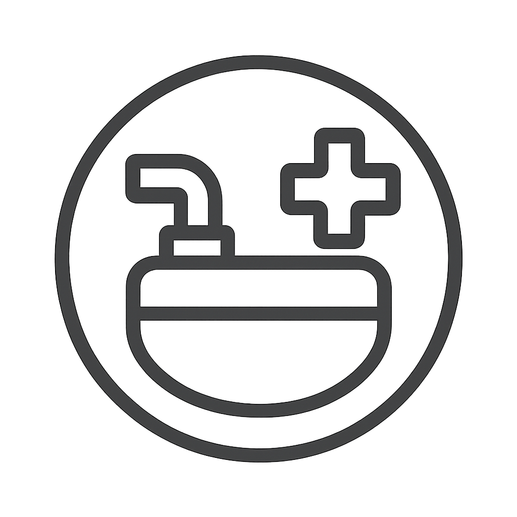 Medicine sink icon with faucet and plus sign inside a circle