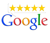 Google logo with five gold stars above it