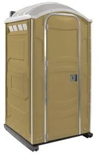 Tan portable toilet with white roof and gray base on a plain background