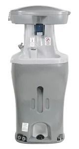 Gray wall-mounted commercial hand dryer with a white top and curved casing.