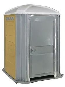 Portable gray and yellow outdoor toilet with closed door and white roof