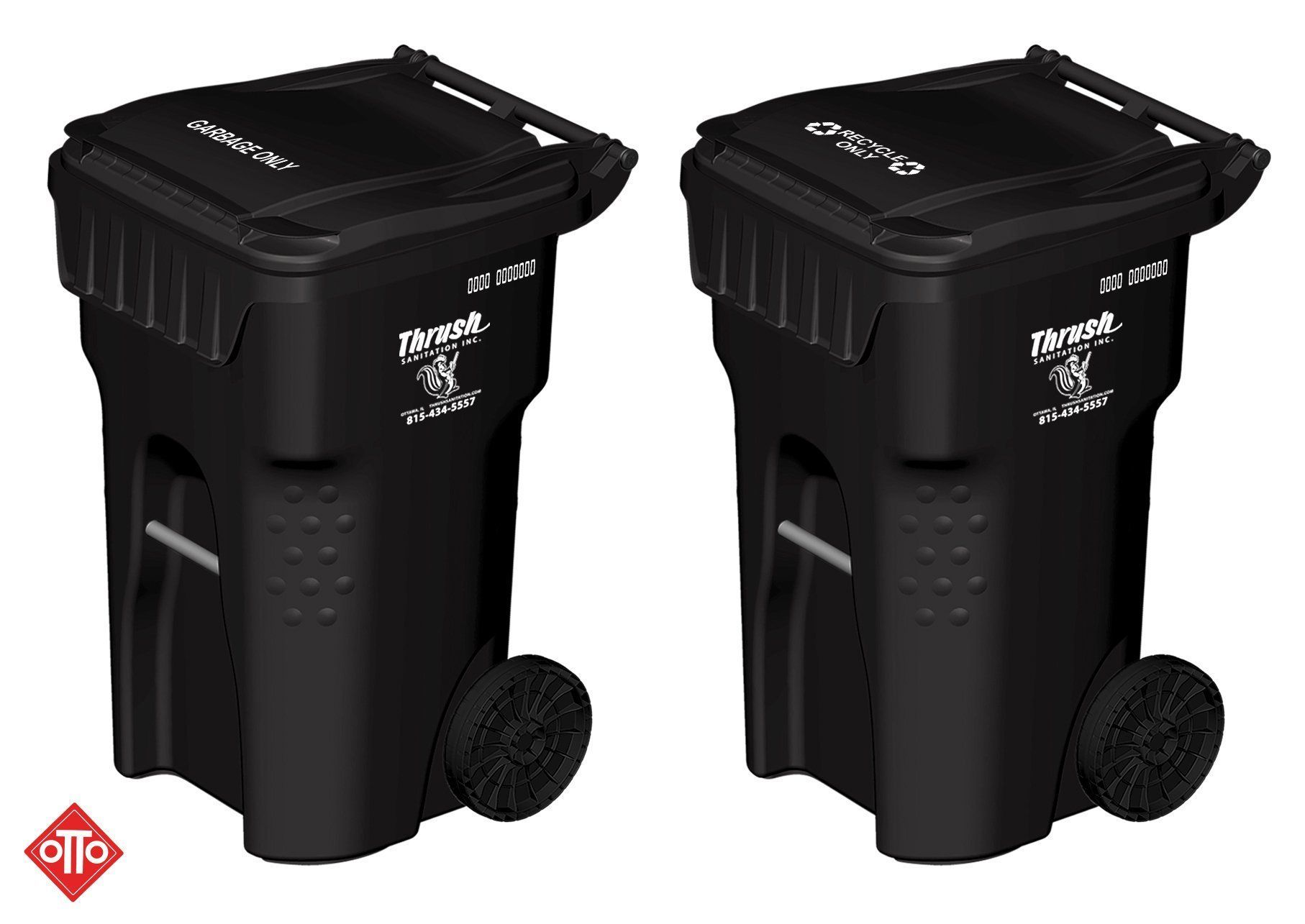 Two black wheeled trash bins with lids, side by side on a white background.