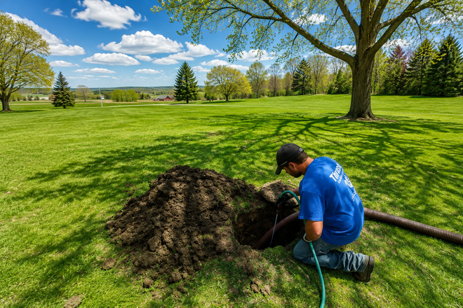 Person digging a hole beside a mound of soil in a sunny green park, with a hose nearby