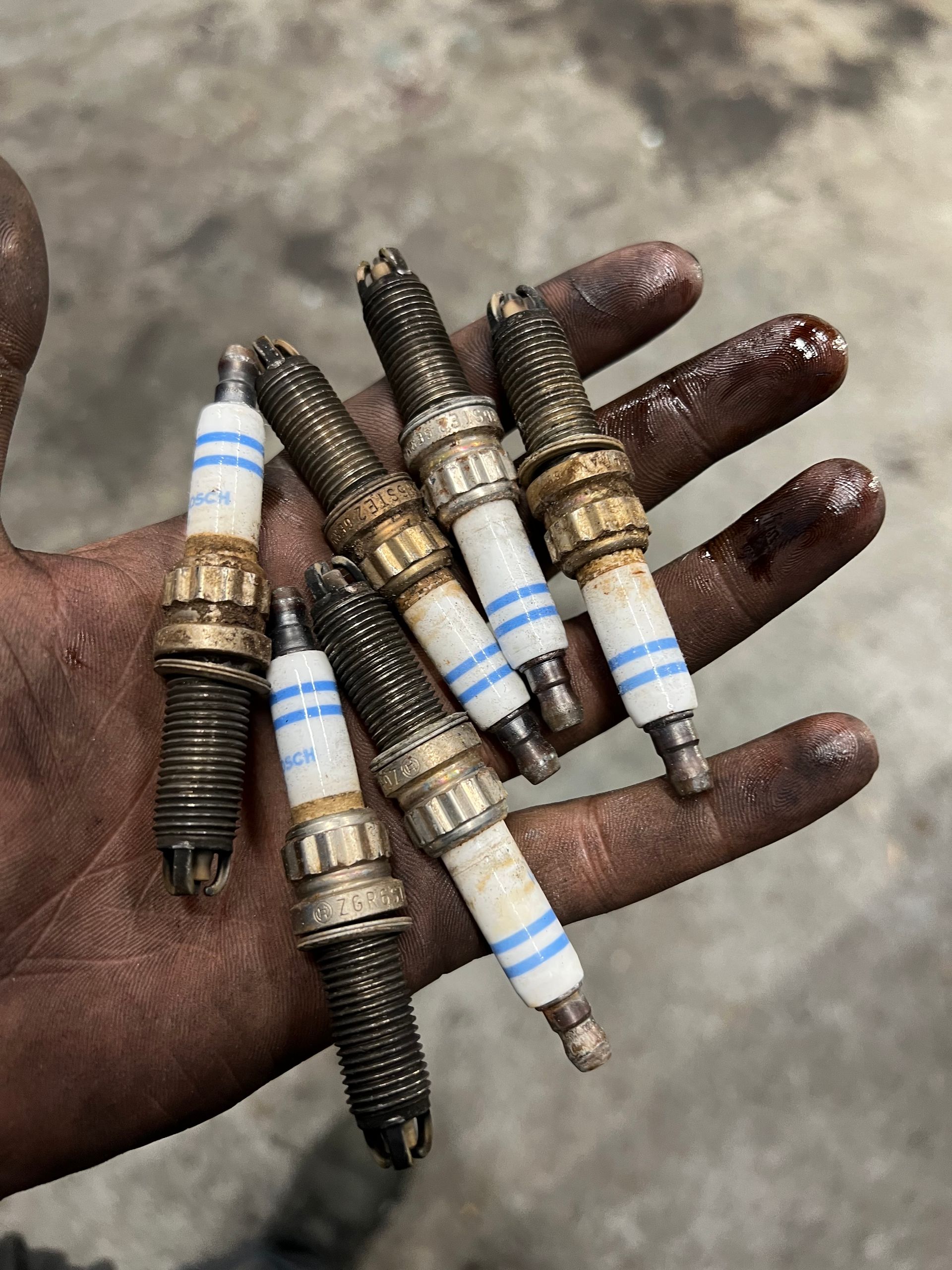 A person is holding a bunch of spark plugs in their hand.