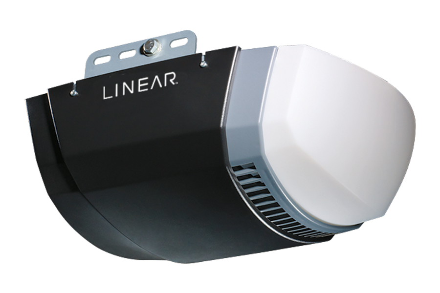 A black and white linear garage door opener on a white background.